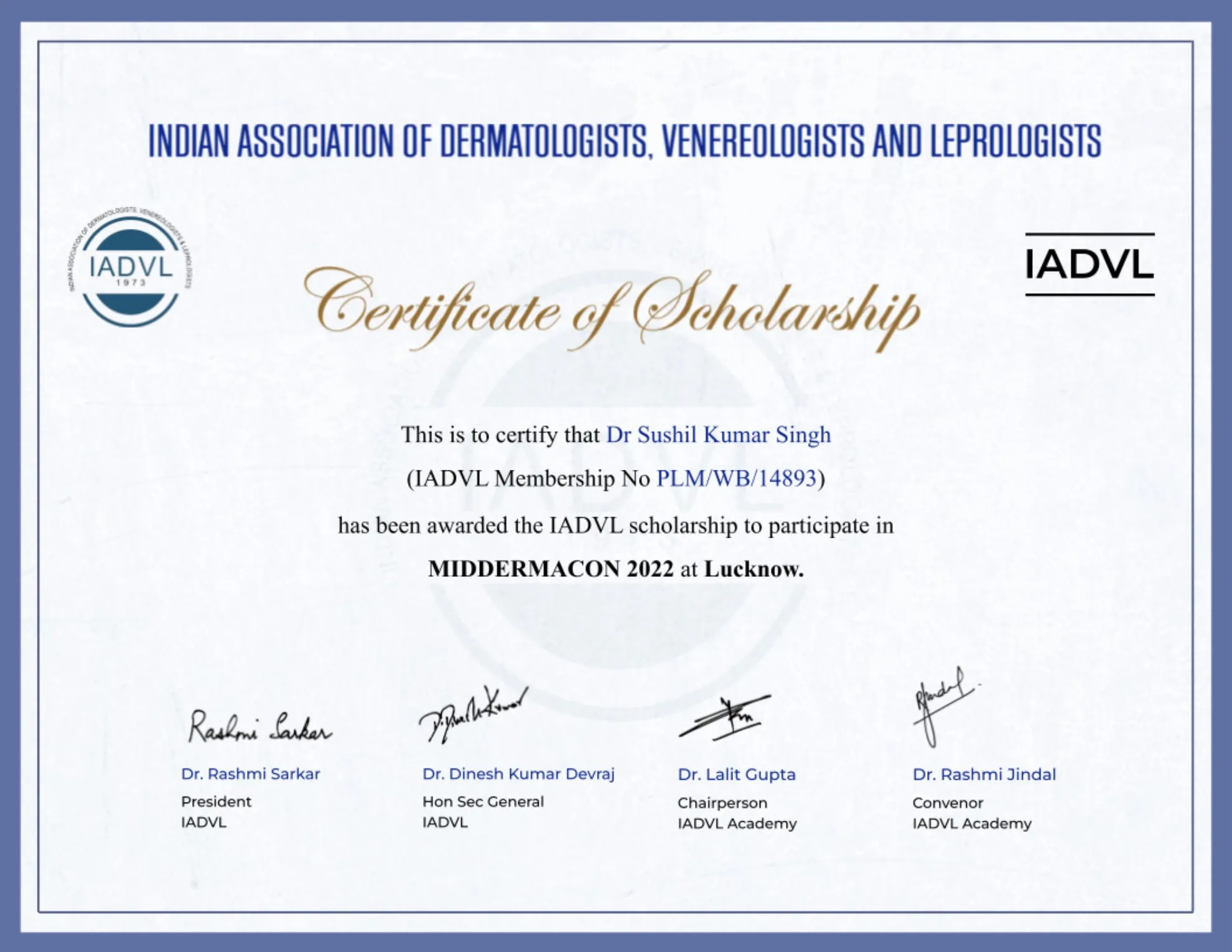 Dr Sushil Kumar Singh - Certificate of Scholarship Middermacon 2022_1